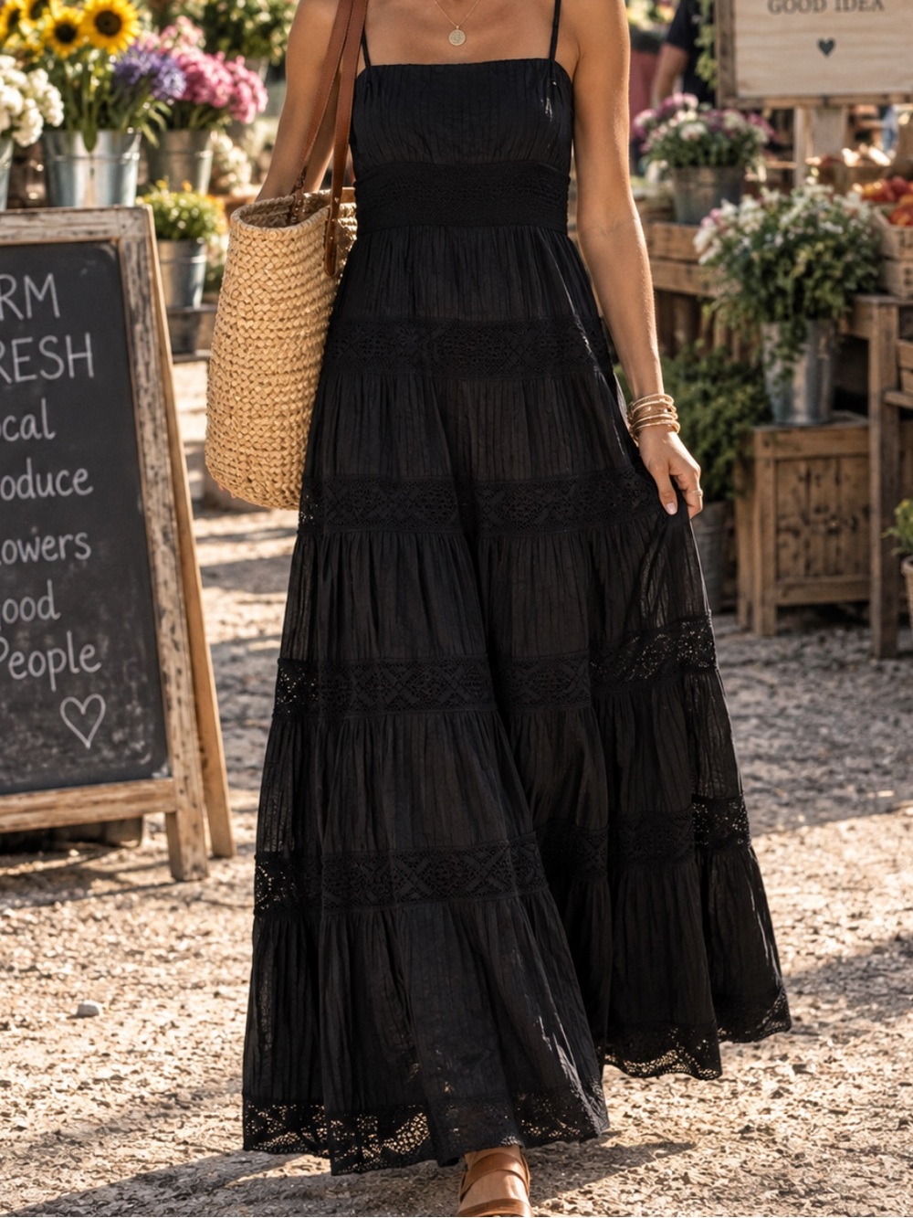 Ice Black Tiered Maxi Dress with Spaghetti Straps